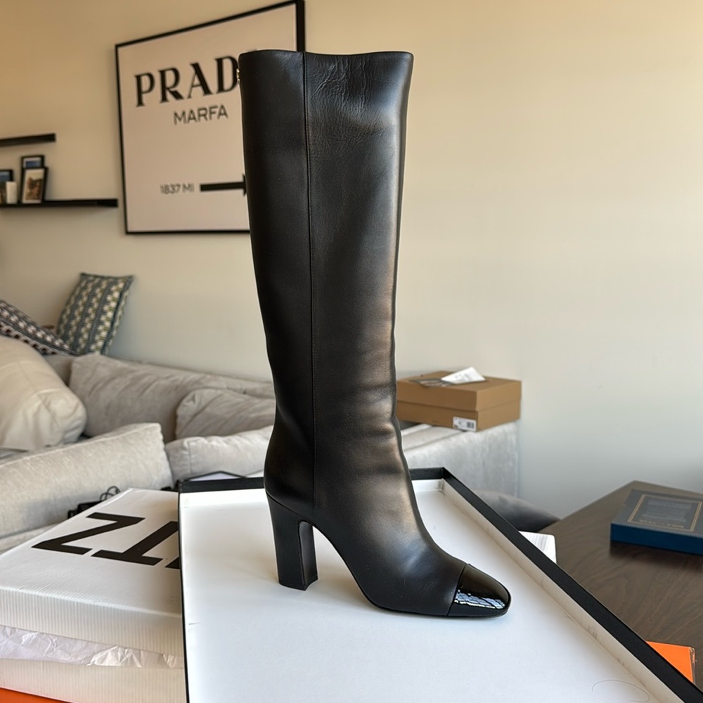 Black Leather Chanel High Boots with Patent Toe Box
